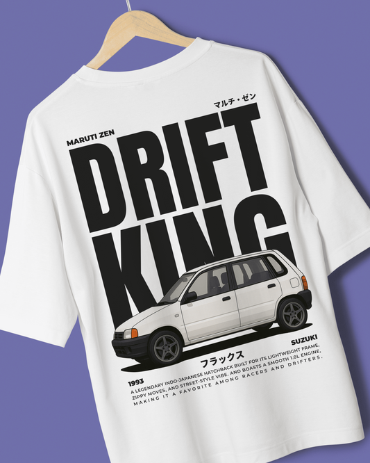 White t-shirt with 'Drift King' graphic and maruti zen design on a purple background