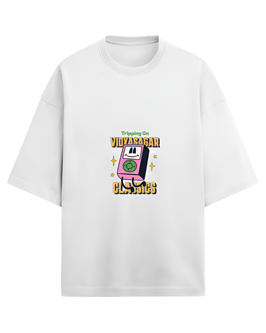 White crew neck t-shirt with printed text and graphics featuring the name 'Vidyasagar' and what appears to be a musical theme.