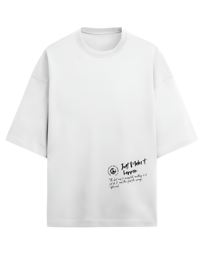 White crew neck t-shirt with the text 'Just Do It' printed on the front.
