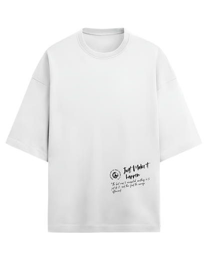 White crew neck t-shirt with the text 'Just Do It' printed on the front.