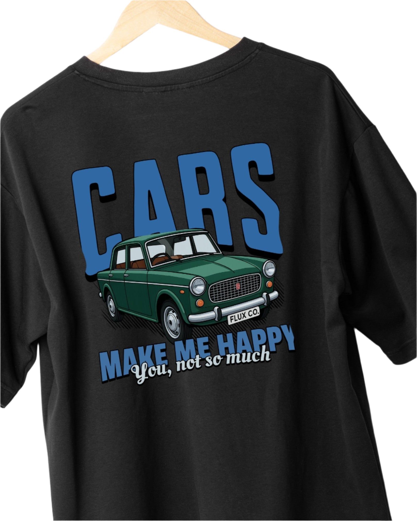 Black t-shirt with a graphic of a green premier padmini car and text on a white background