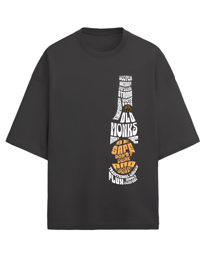 A black T-shirt with a graphic design related to alcoholic beverages and social activities.