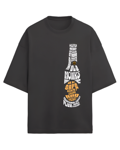 A black T-shirt with a graphic design related to alcoholic beverages and social activities.