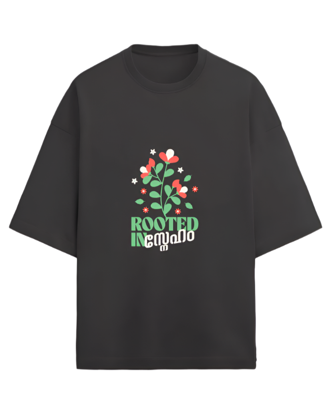 Black crew neck t-shirt with the text 'ROOTED LOVE" and floral graphics printed on the front.