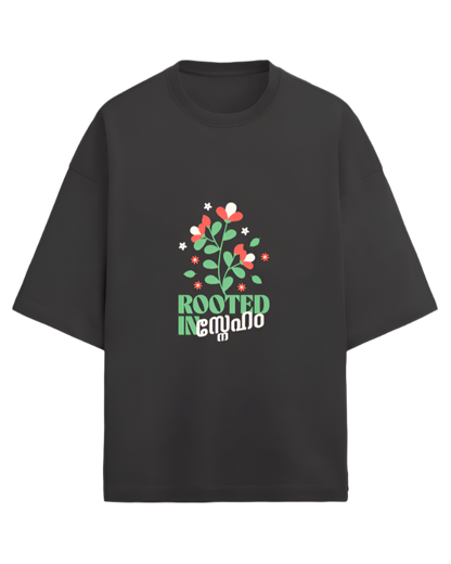 Black crew neck t-shirt with the text 'ROOTED LOVE" and floral graphics printed on the front.