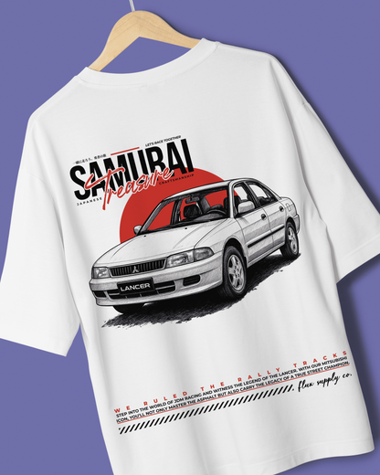 White t-shirt with a mitsubishi lancer graphic and 'Samurai' text on a purple background