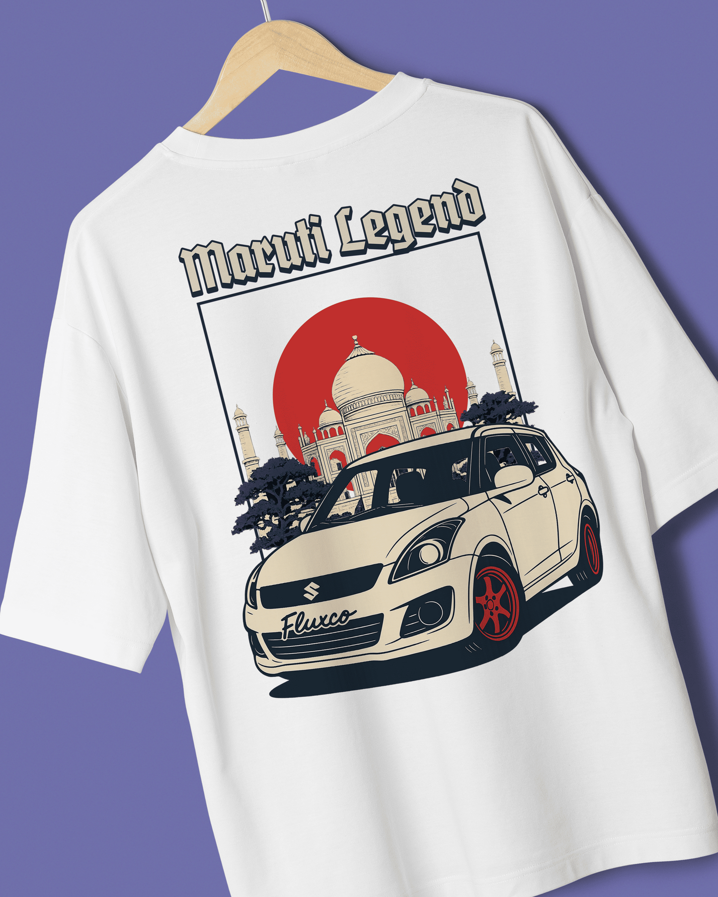 White t-shirt with a graphic of a  maruti swift car and a building on a purple background