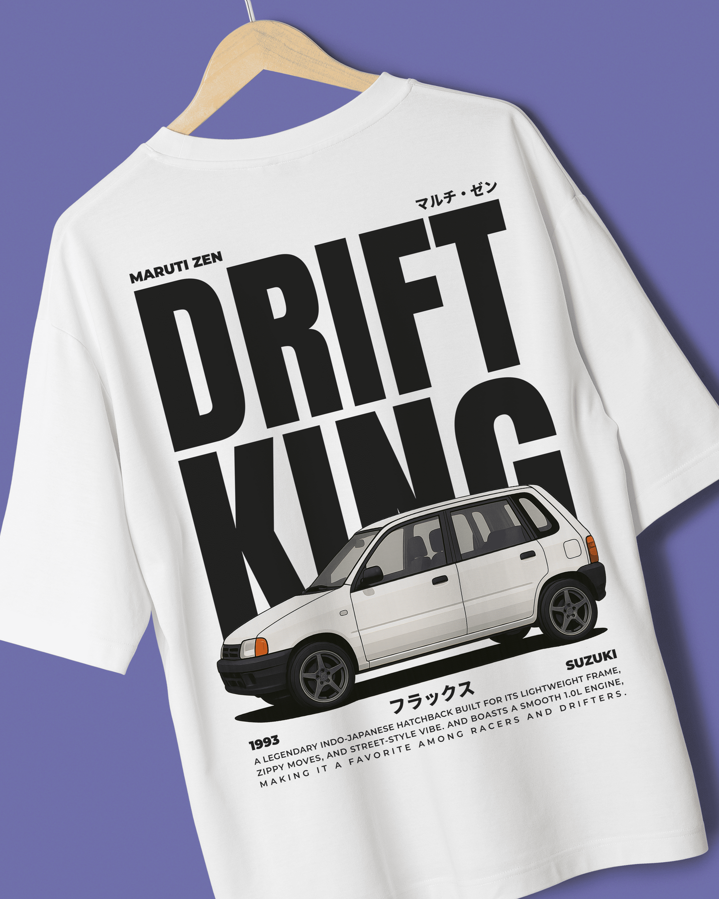 White t-shirt with 'Drift King' graphic and maruti zen design on a purple background